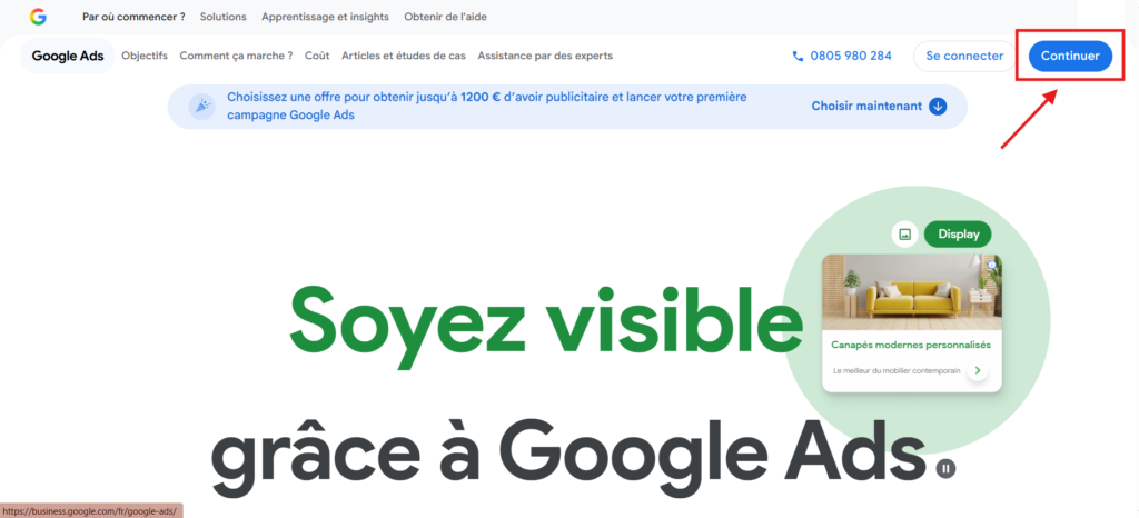 capture d'écran de la page d'accuel du site Google Ads